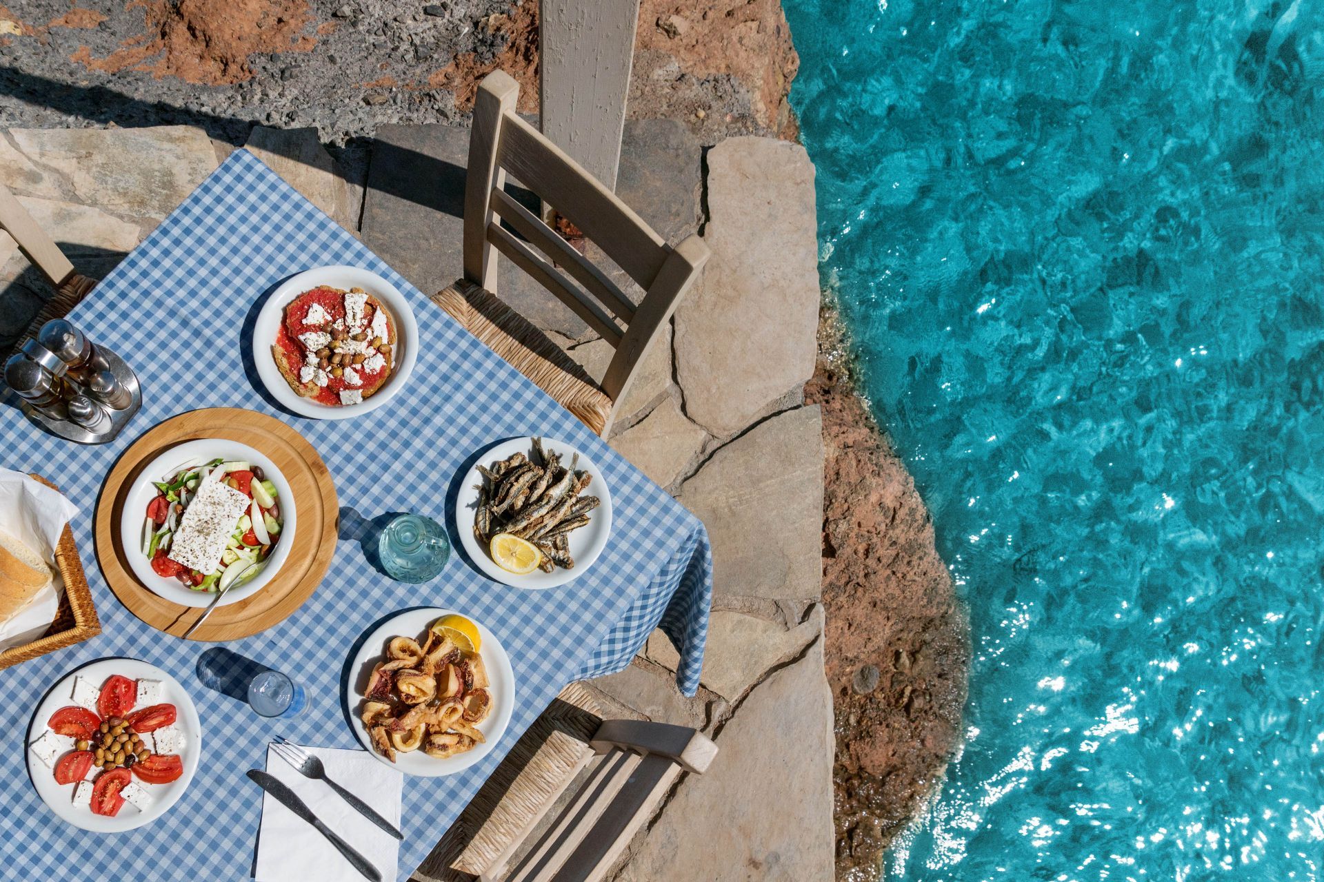 Lunch at a restaurant by the sea in Greece